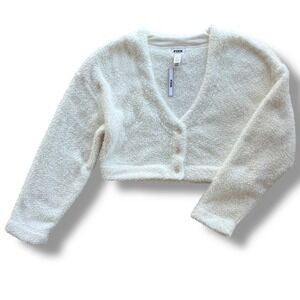 PINK Victoria's Secret Womens XL Cream Fuzzy Teddy Cropped Cardigan Sweater Cozy